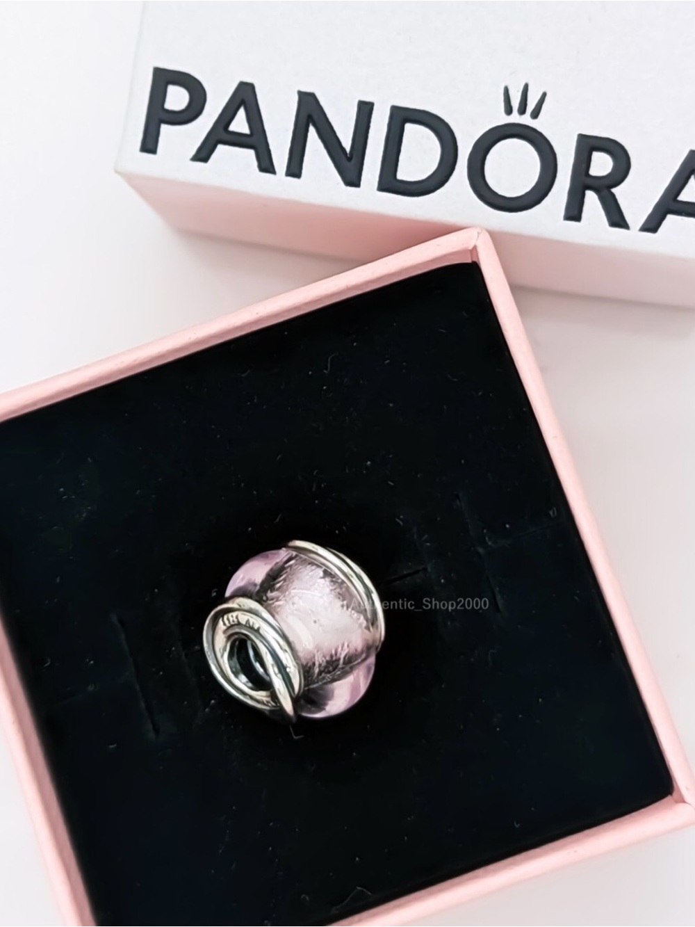 Pandora Silver Accent encircled Pink Murano Glass Spacer Charm